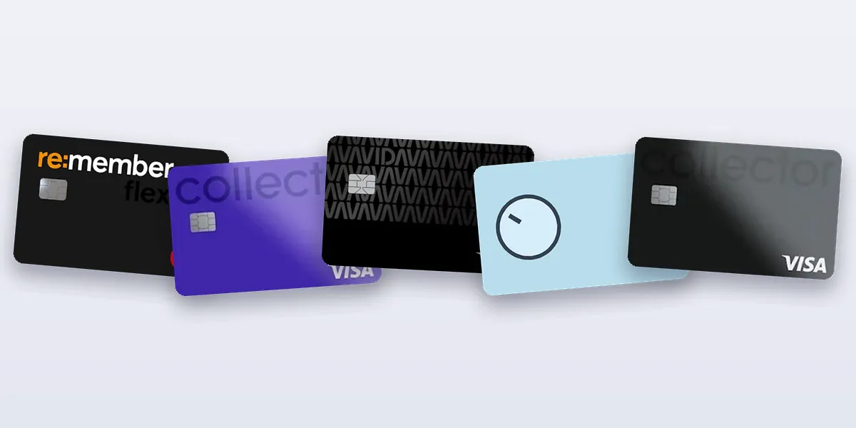 re:member flex, Collector Purple, Avida Black, Bank Norwegian och Collector Black i en rad